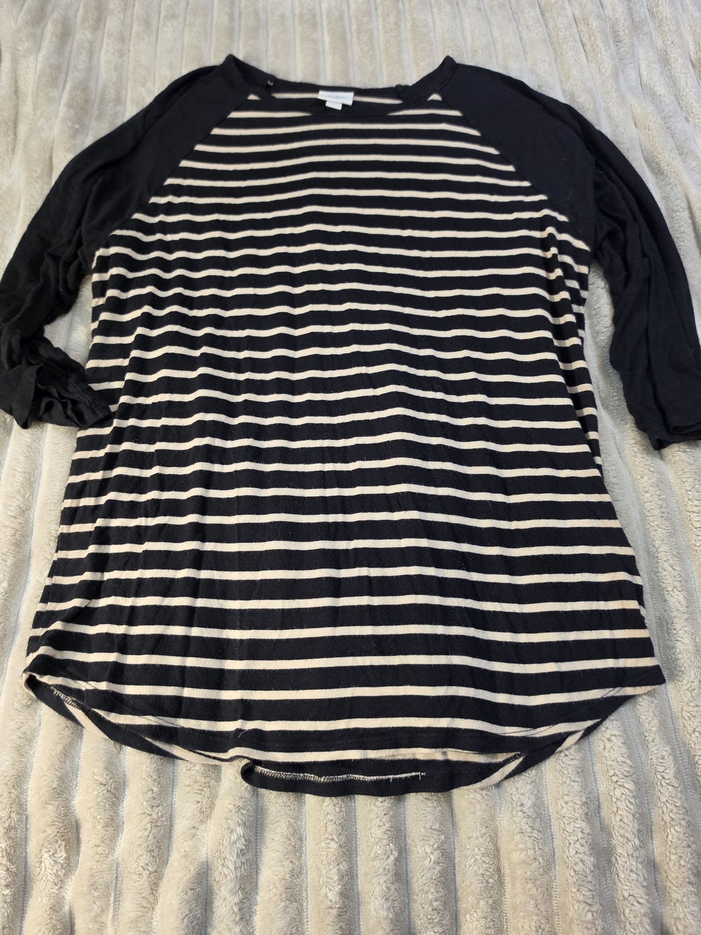 LuLaRoe Black and Cream Striped Raglan Tee